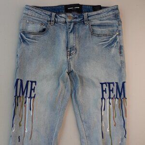 Homme + Femme Size 30 Letterman Drip Embroidered Distressed Denim Blue Jeans